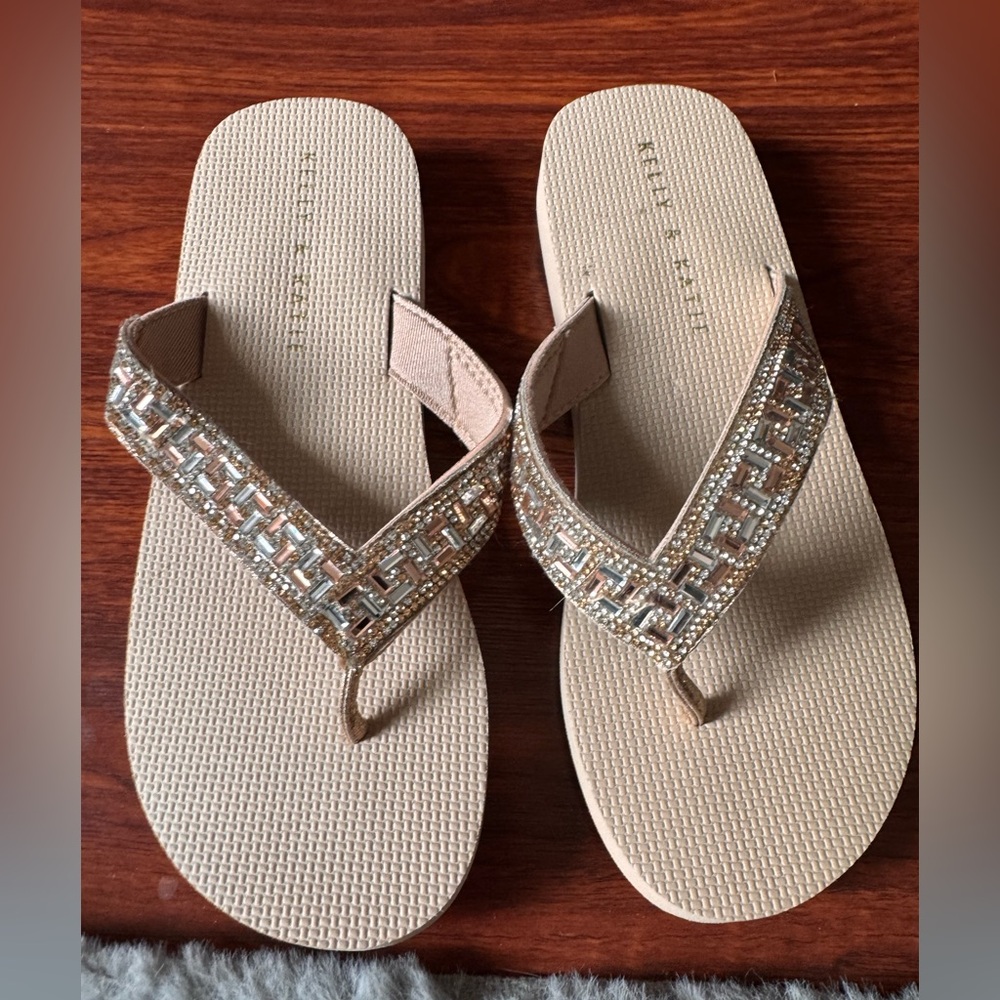 NEW- Kelly & Katie Beige Flip Flop Sandals with Metallic Beaded Straps